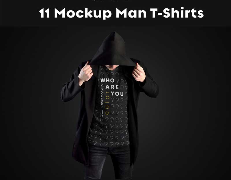 11 Mockups Man T-Shirts in a Black Hood Mantle 2 11 Mockups Man T Shirts in a Black Hood Mantle 1