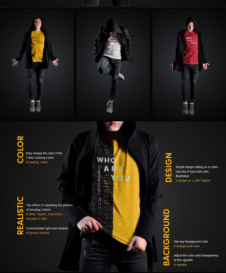 11 Mockups Man T-Shirts in a Black Hood Mantle 3 11 Mockups Man T Shirts in a Black Hood Mantle 2