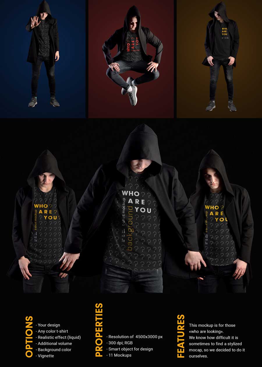 11 Mockups Man T-Shirts in a Black Hood Mantle 4 11 Mockups Man T Shirts in a Black Hood Mantle 3