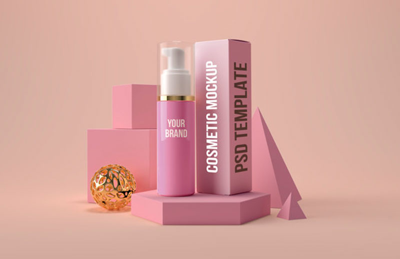 Cosmetic bottle with dispenser and box mockup