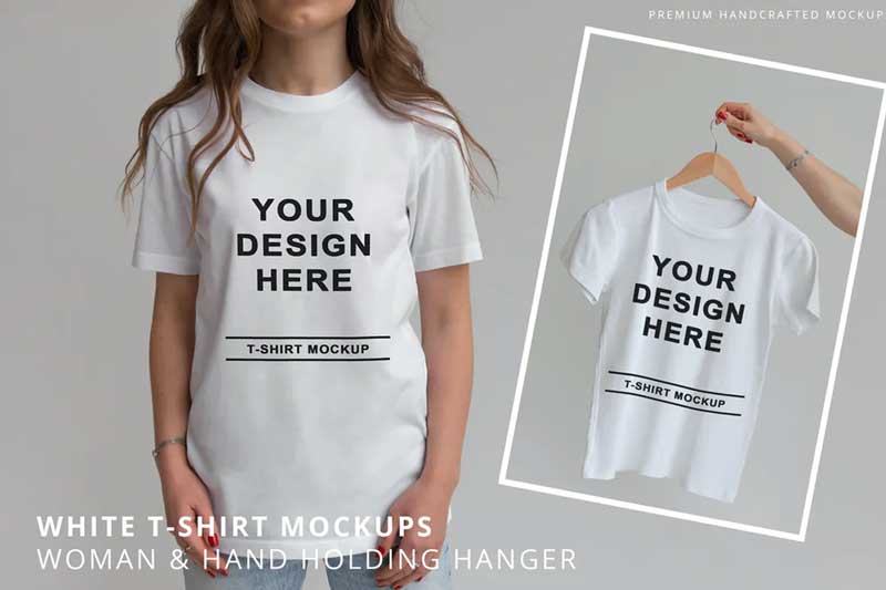 White Minimalistic T-Shirt Mockups Woman & Hanger