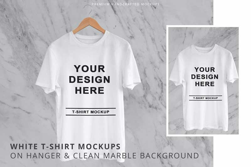 White T-Shirt On Hanger Marble Background Mockups