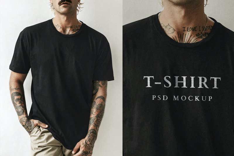 Hipster Man Wearing a Black T-shirt Mockup