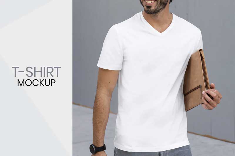 Man Wearing a White T-Shirt Mockup Design