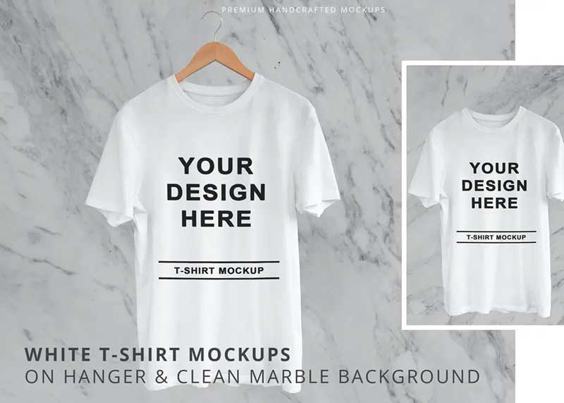 White T-Shirt On Hanger Marble Background Mockups