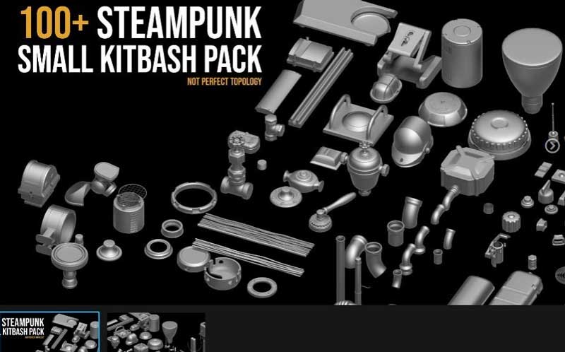 100+ Steampunk KITBASH PACK (Zbrush IMM Brushes) Game ready topology