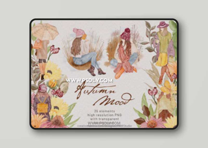 Autumn Mood Watercolor Clipart Boho Girl 14981101
