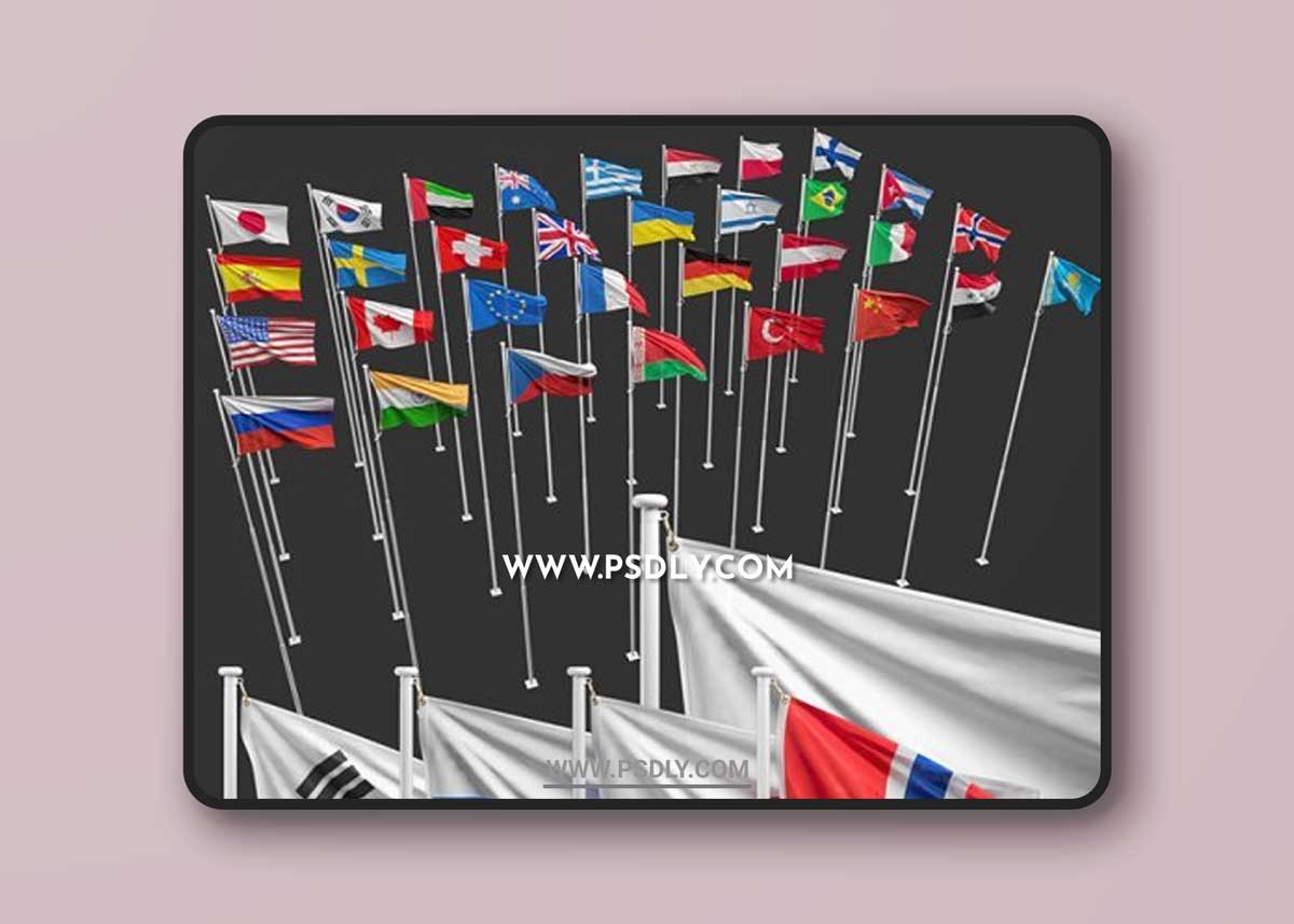 Flags of the countries of the world (8 flagpoles, 32 flags) 3D Models
