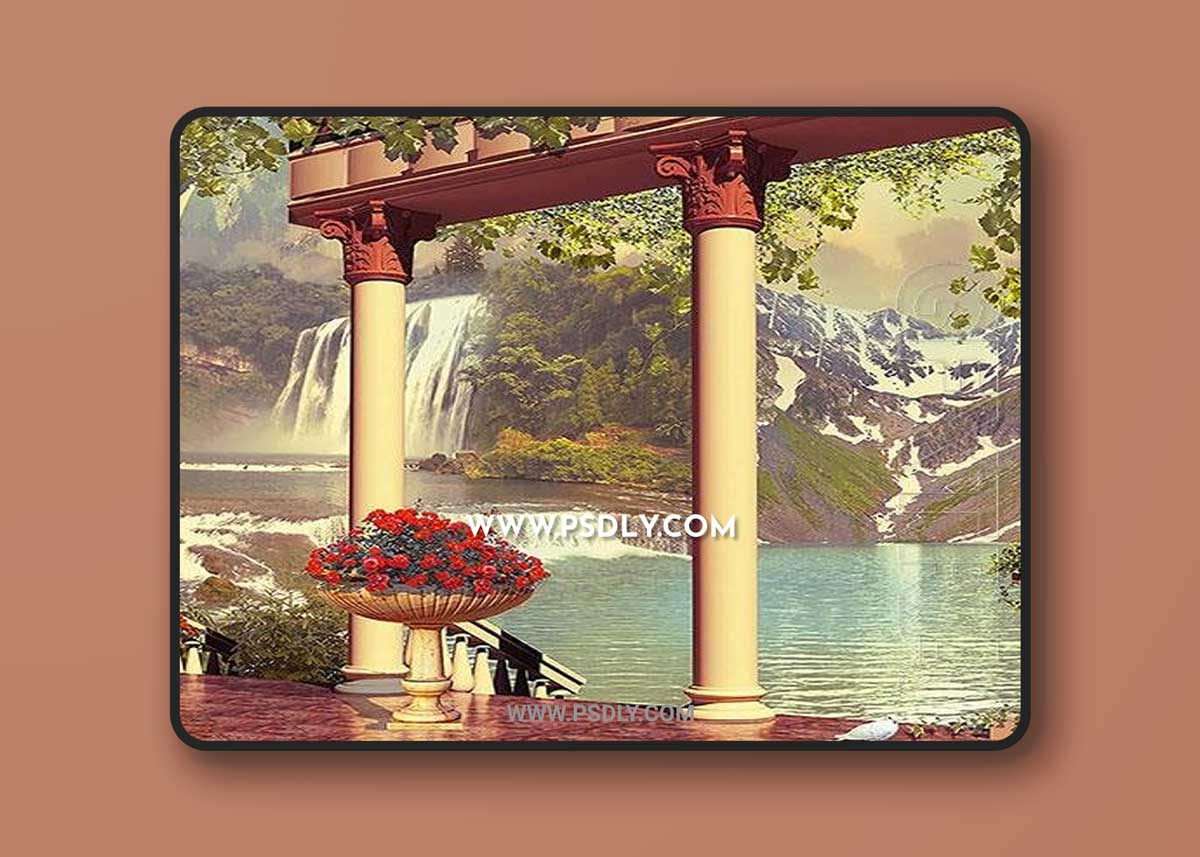 3D texture columns against the backdrop of a waterfall