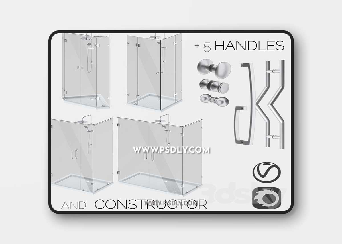 Angled glass shower cabins, designer and handle set