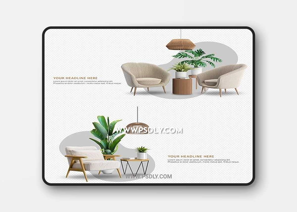 Set of interior furniture in 3d rendering psd