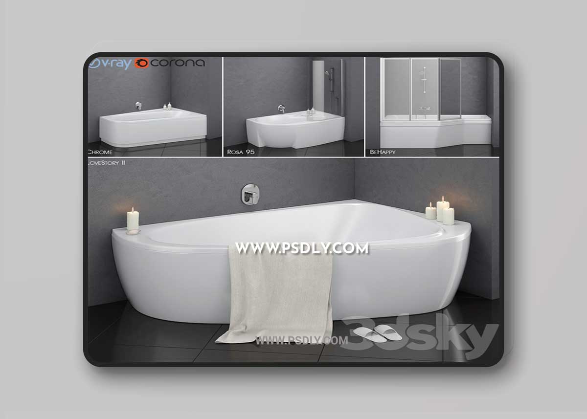 Set of asymmetric baths Ravak set 14 (LoveStory II, Chrome, Rosa 95, BeHappy)