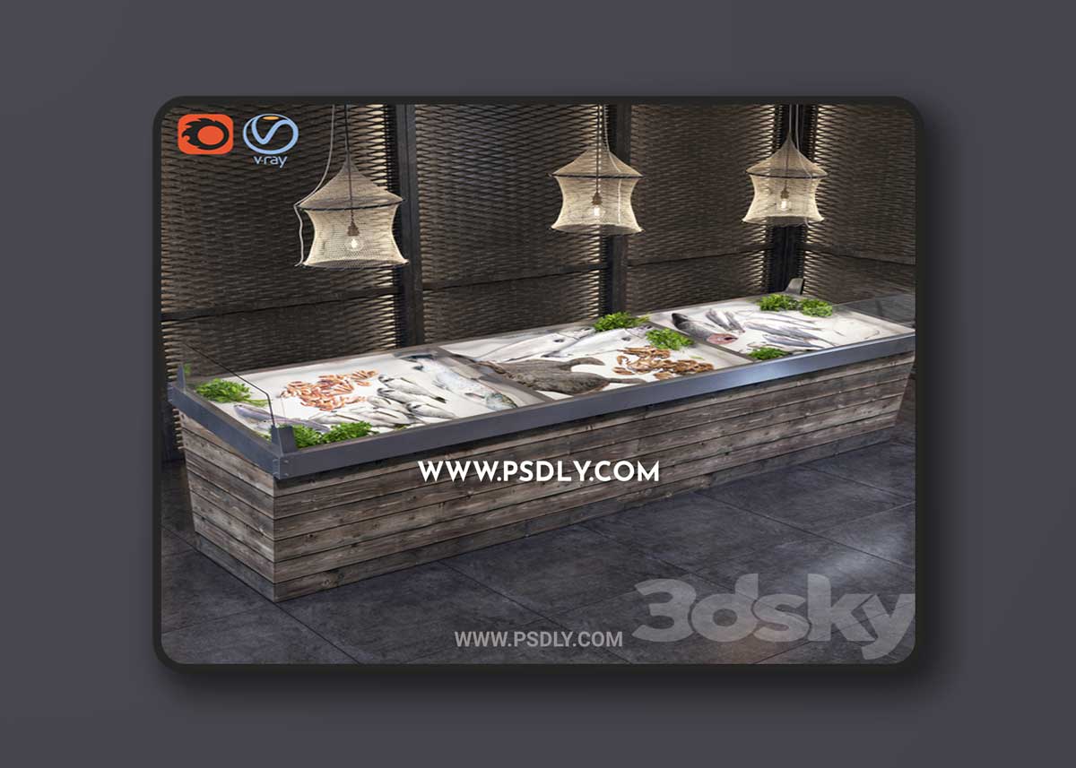 Showcase with fish and seafood 3D Model