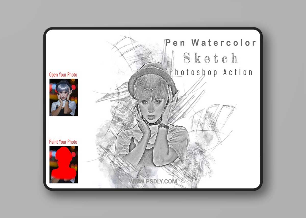 CreativeMarket - Pen Watercolor Sketch PS Action 7075440