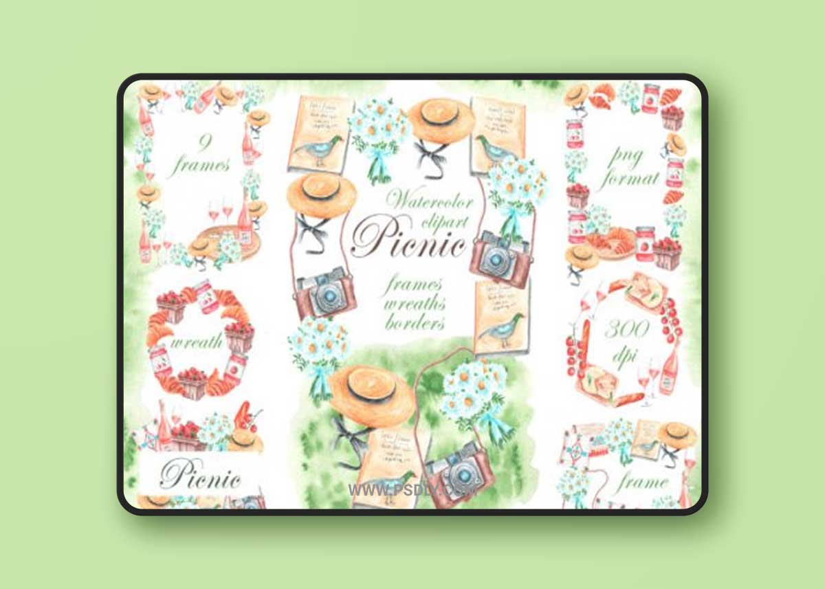 Luxury Picnic Clipart, Frame, Wreath.
