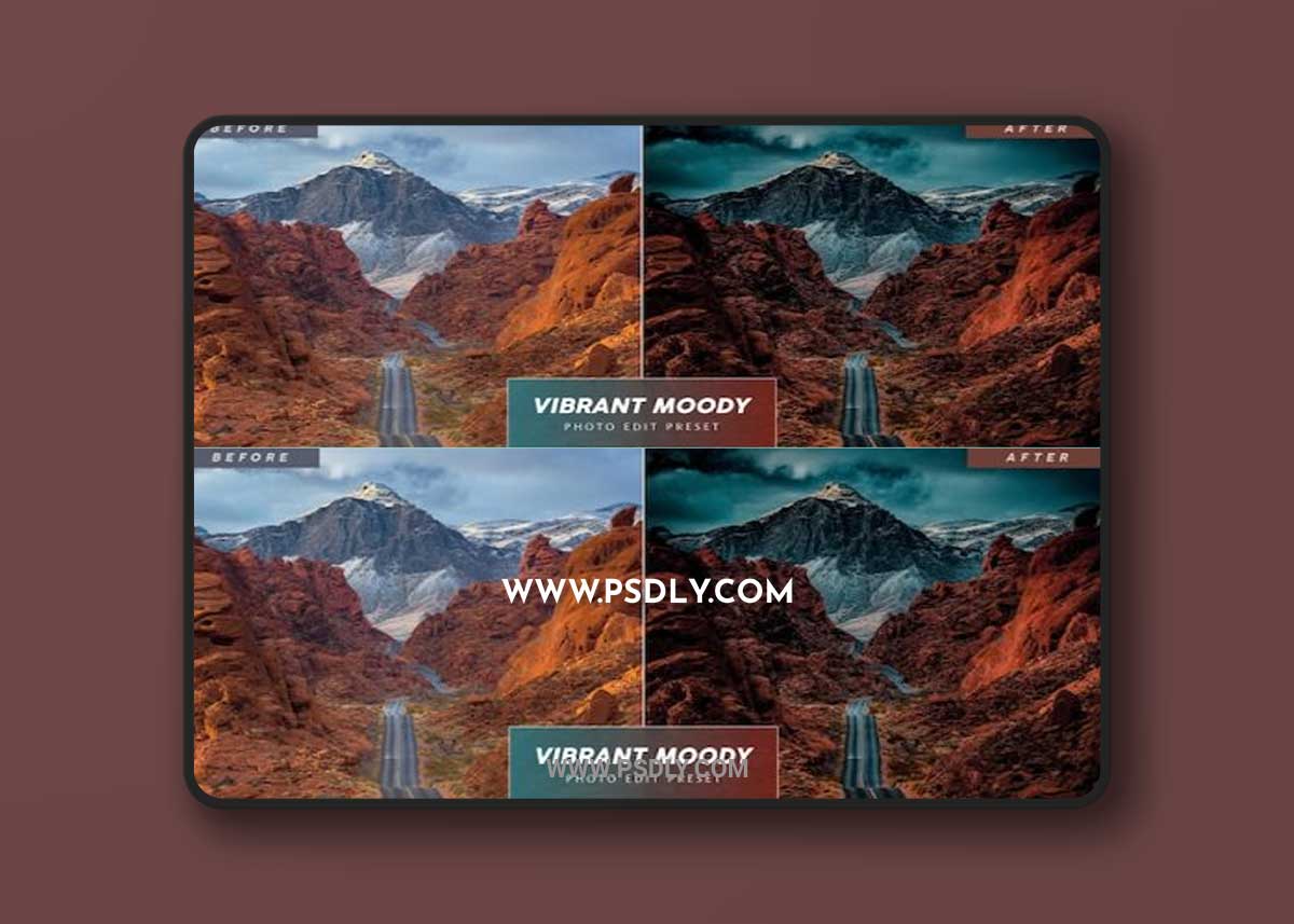 Editable vibrant moody photo preset for landscape photography