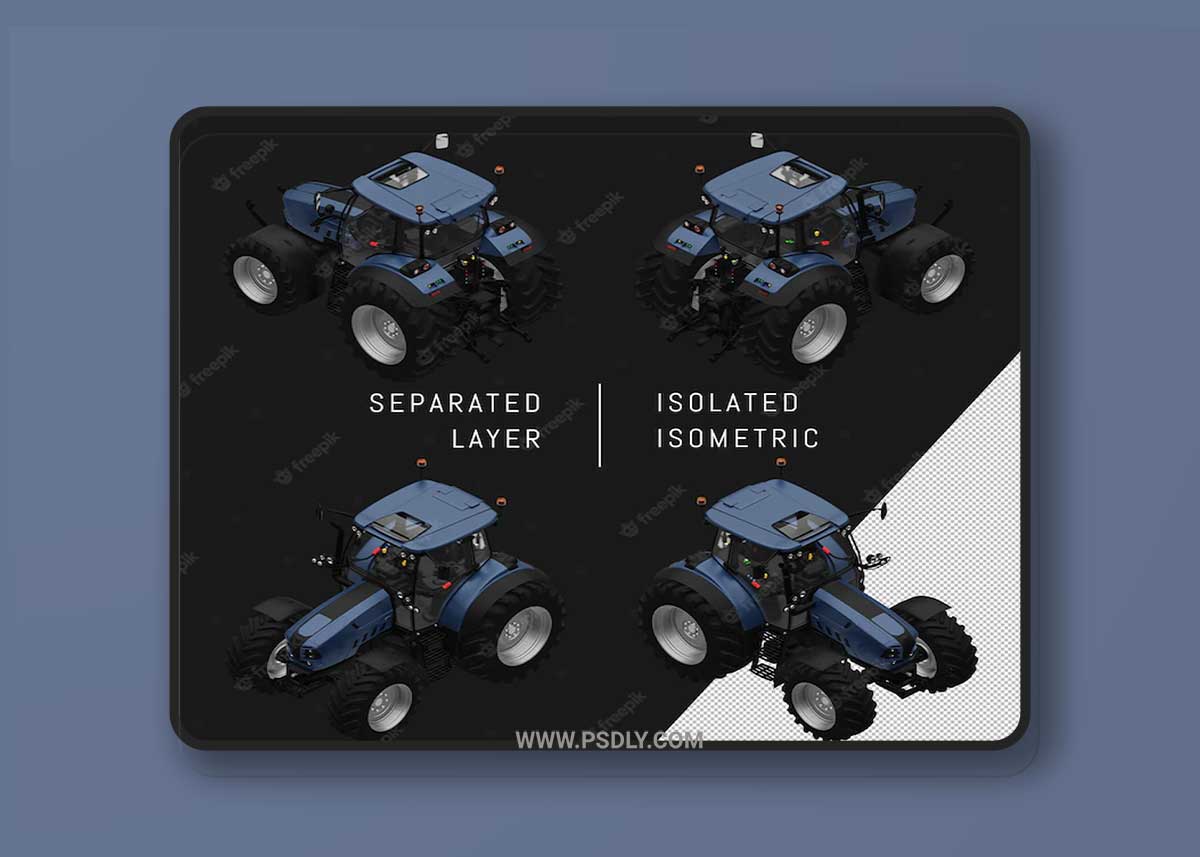 Isolated blue modern tractor isometric car set