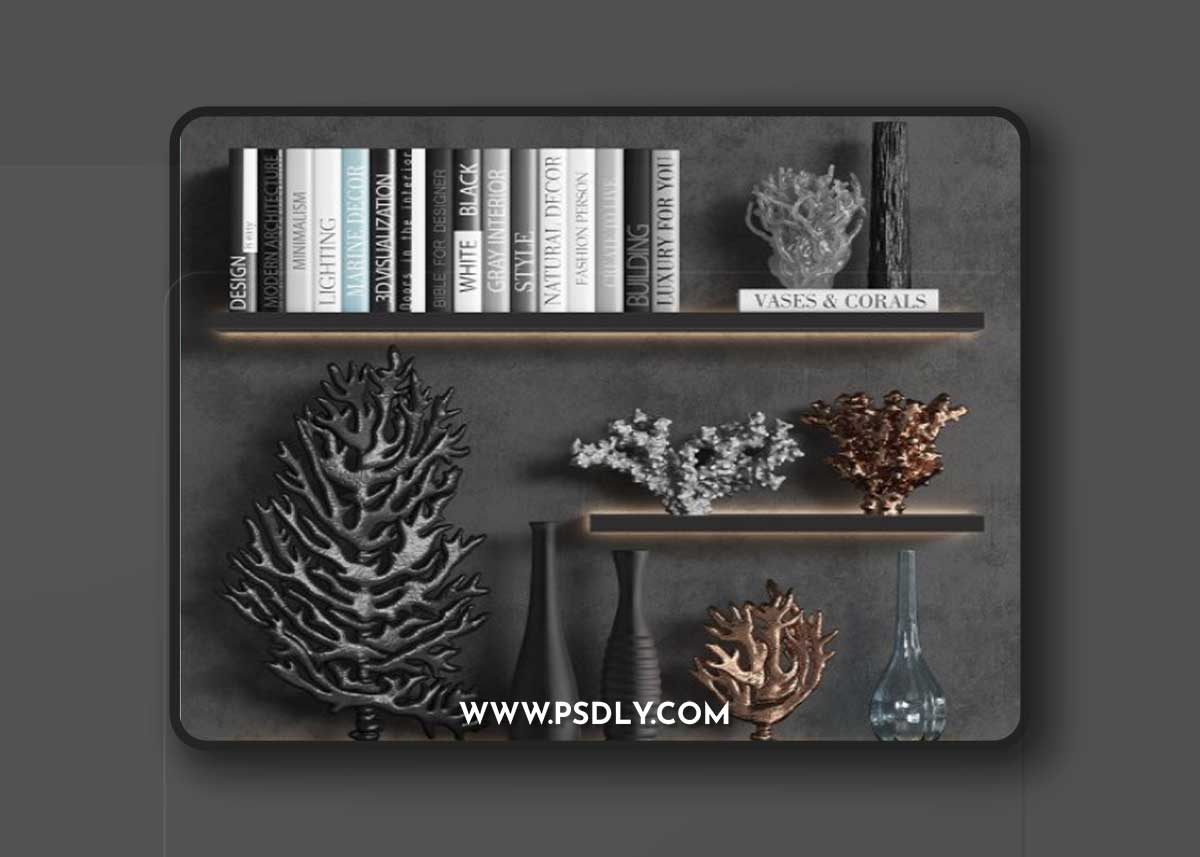 Decorative set of organic coral with books and vases 3D Model