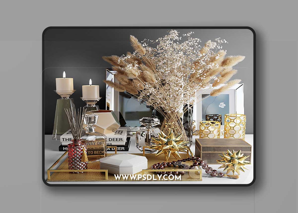 Decorative set with a bouquet of white flowers and dry grass
