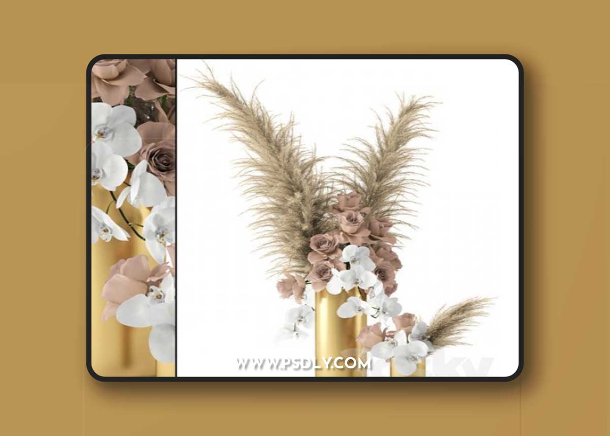 Pale roses and Co in brass vases 3D Model