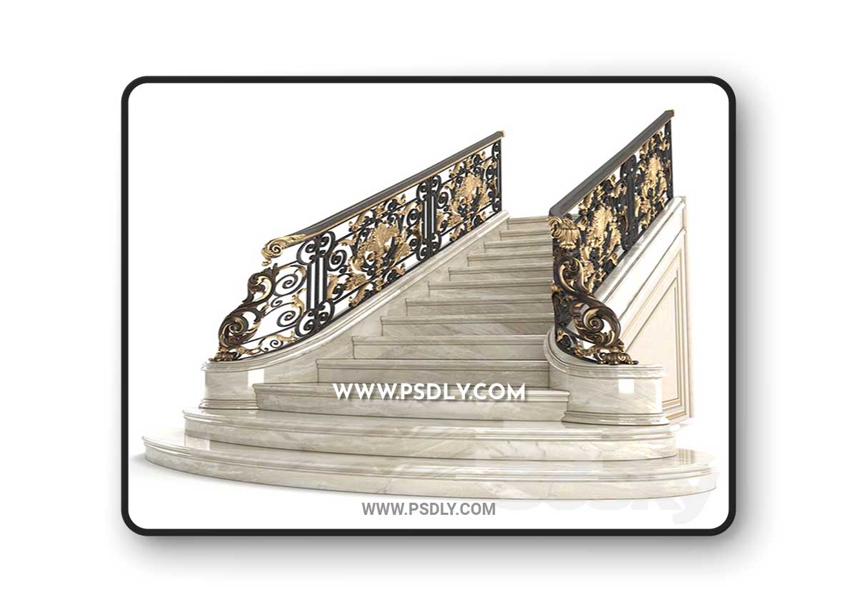 Classic marble staircase with wrought iron railing
