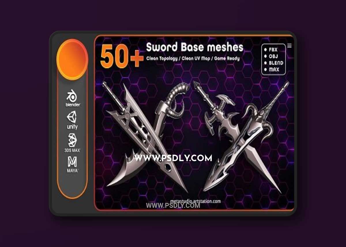 Arstation - 50 Sword + 50 Hammer & Mace Base Meshes 3D Model