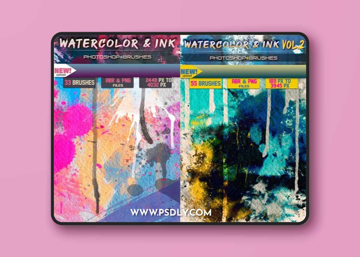 Watercolor Ink Brushes Bundle for Photoshop + PNG