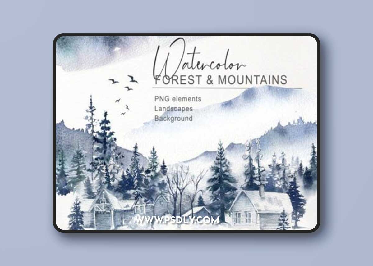 Watercolor Forest & Mountain PNG Clipart
