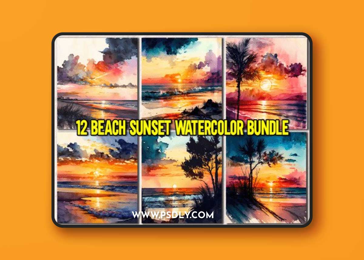 12 Beach Sunset Watercolor Bundle