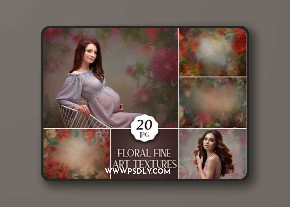 20 Floral Fine Art Textures for Photoshop, Digital Flower Portrait Backdrops for Photo Editing, Painting Backgrounds for Photographers