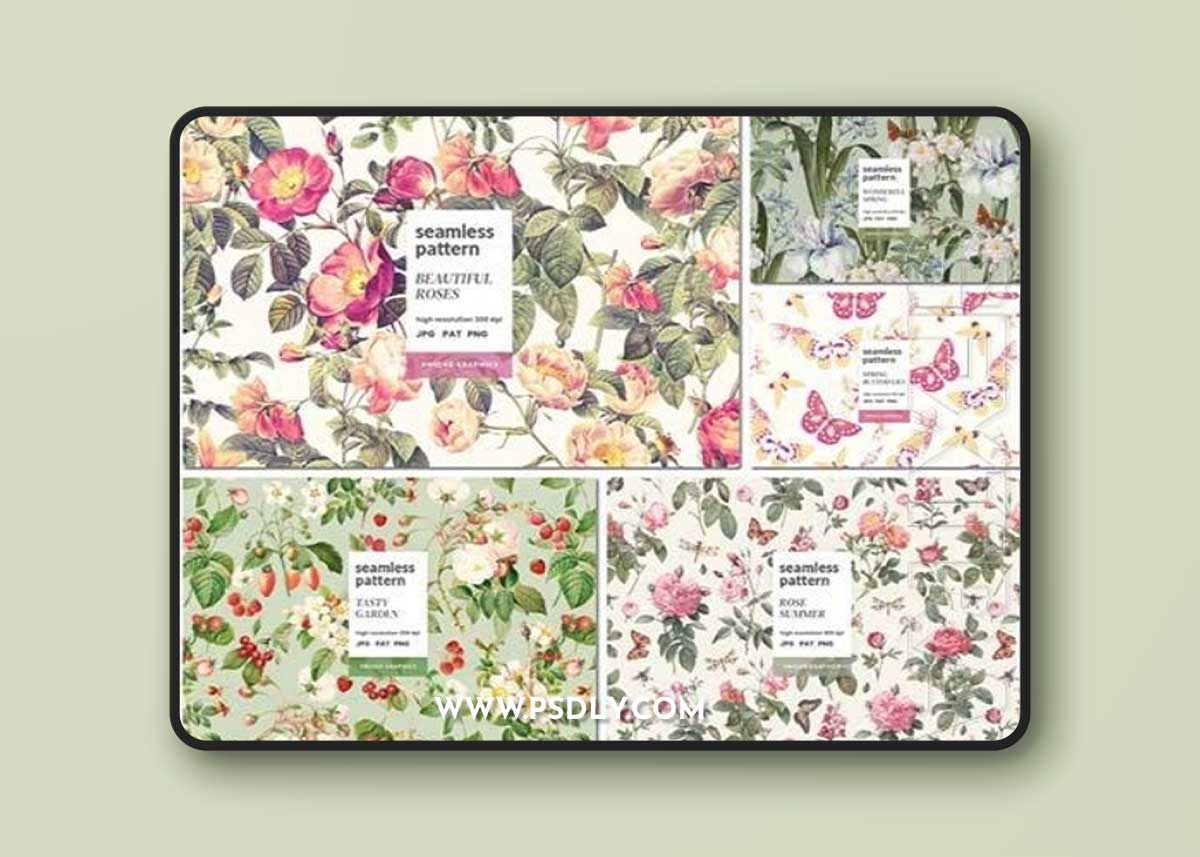 20 seamless textures with flowers, berries, fruits, butterflies - big collection