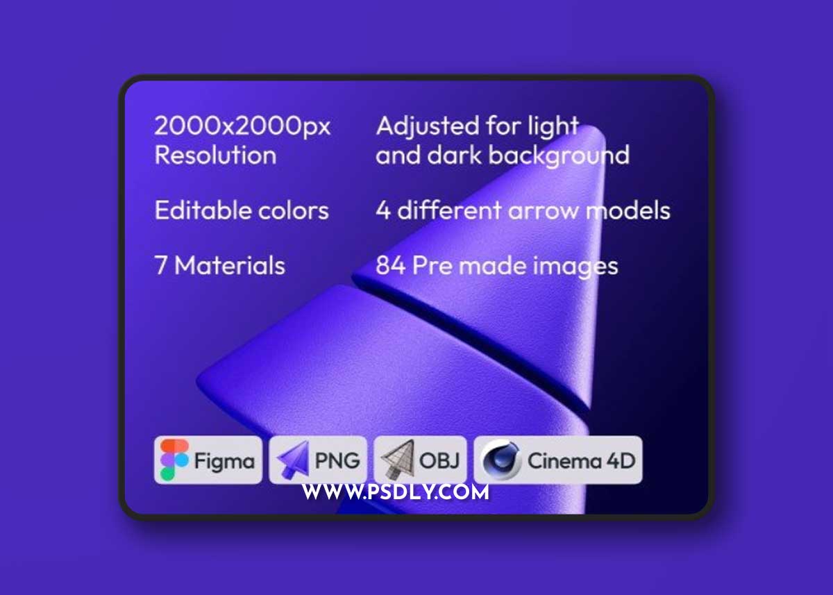 UI8 - 3D arrows, 4 shapes, 7 materials, PNG, Figma, C4D, OBJ