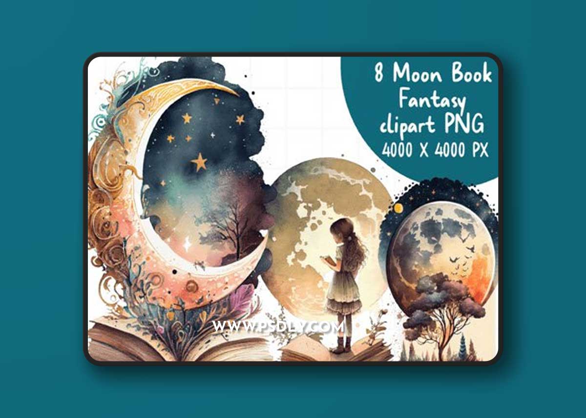 8 Moon Book Fantasy PNG Elements Clipart