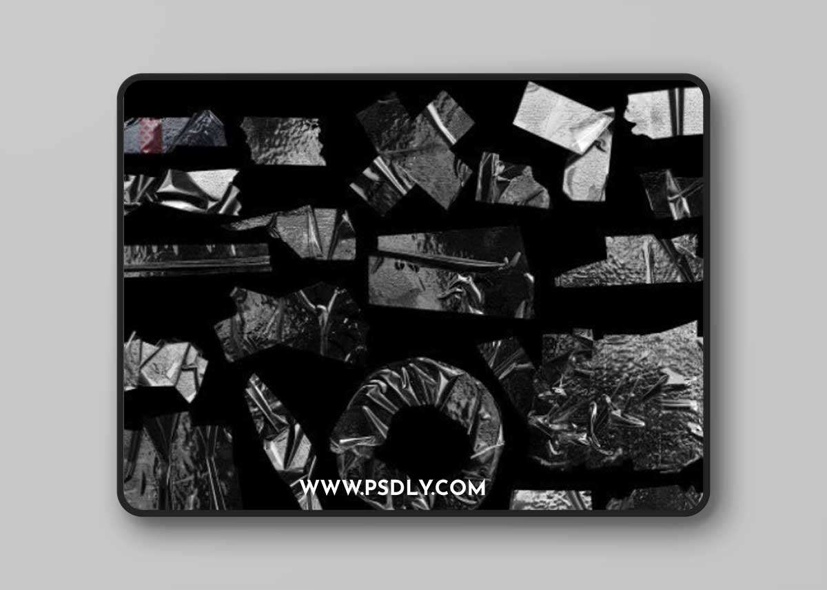 Pack of 20 realistic transparent adhesive tape strips isolated on black background, crumpled clear plastic sticky snips texture overlay 581829878