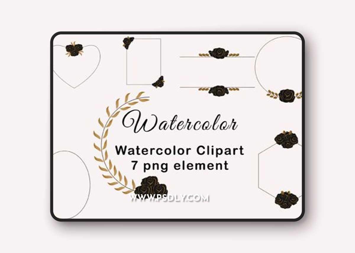 Watercolor Black & Golden Floral Frames PNG Collection