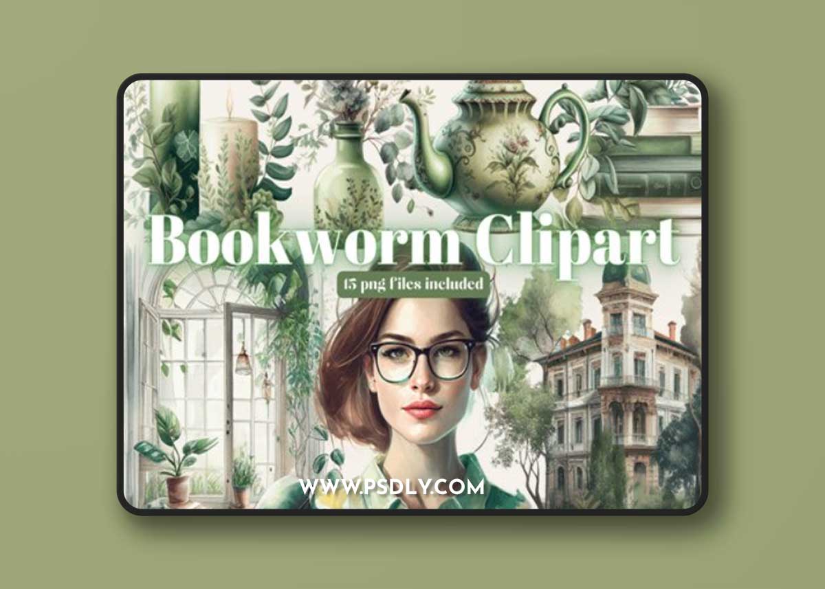 Watercolor Sage Bookworm PNG Clipart Bundle