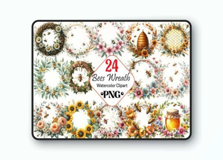Watercolor Bees Wreath Clipart Pack 1 Watercolor Bees Wreath Clipart Pack
