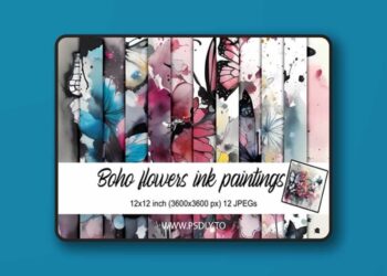 Boho Flowers Ink Paintings - 12 Digital Images